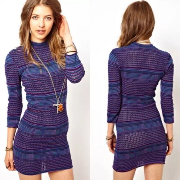 Rare Free People Teal Jewel Chic Groovy Mini Purple Blue Sweater Dress Size XS - Picture 1 of 10